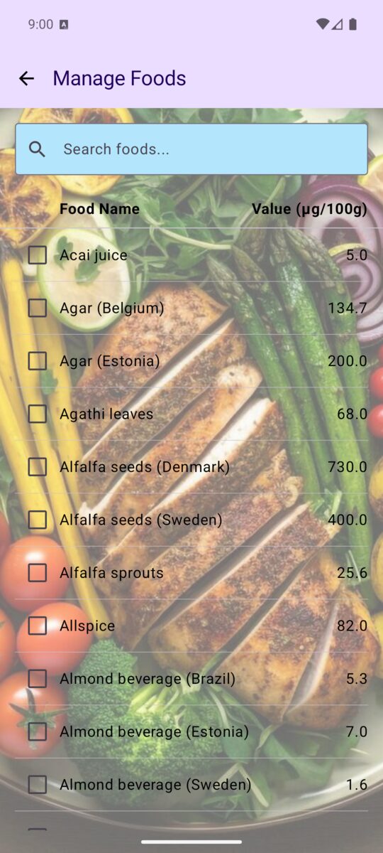 Manage Foods screen with a searchable list of foods and values