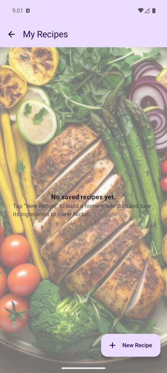 Empty My Recipes screen with a New Recipe button