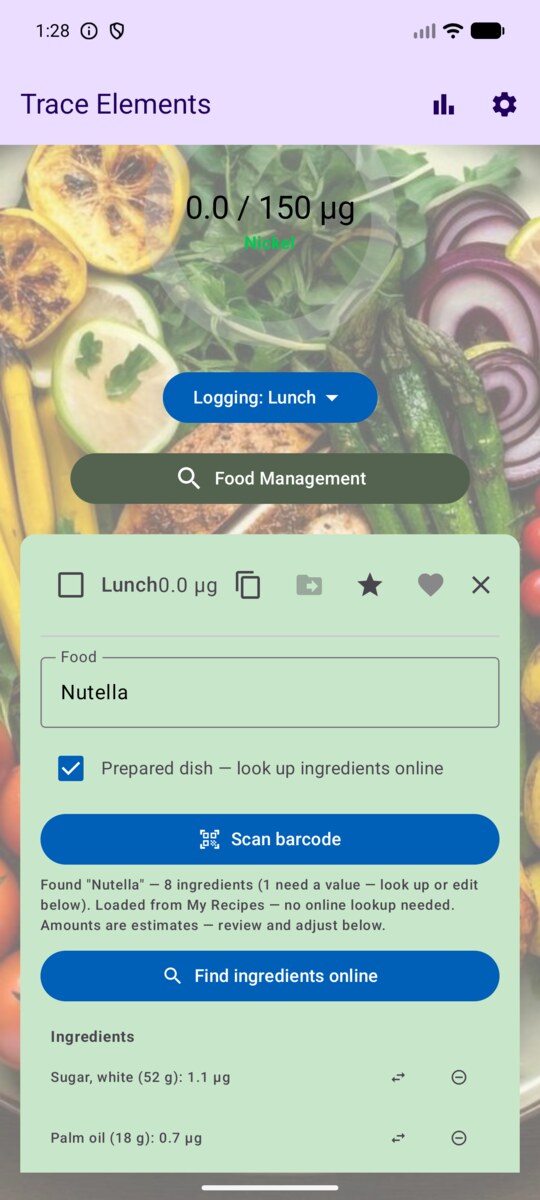 Meal card with a Scan barcode button and a status line reporting the product found with its ingredient count