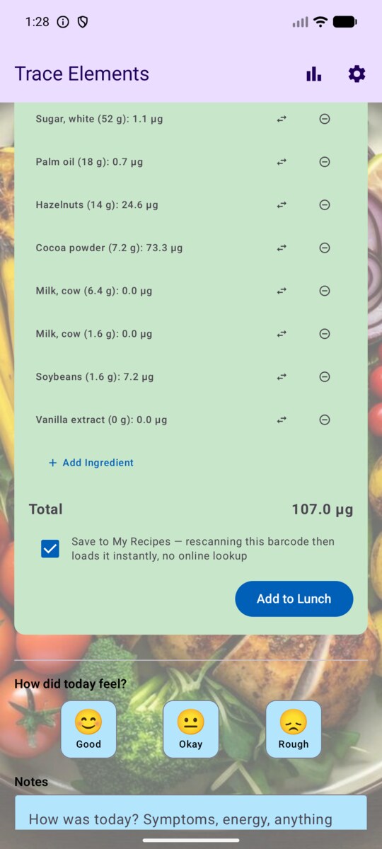 Scanned product's ingredient list with per-ingredient portions and values, a running total, and a save-to-recipes option